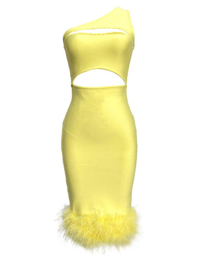 One Shoulder Bust Cutout Waist Cutout Feather Trim Bandage Midi Dress