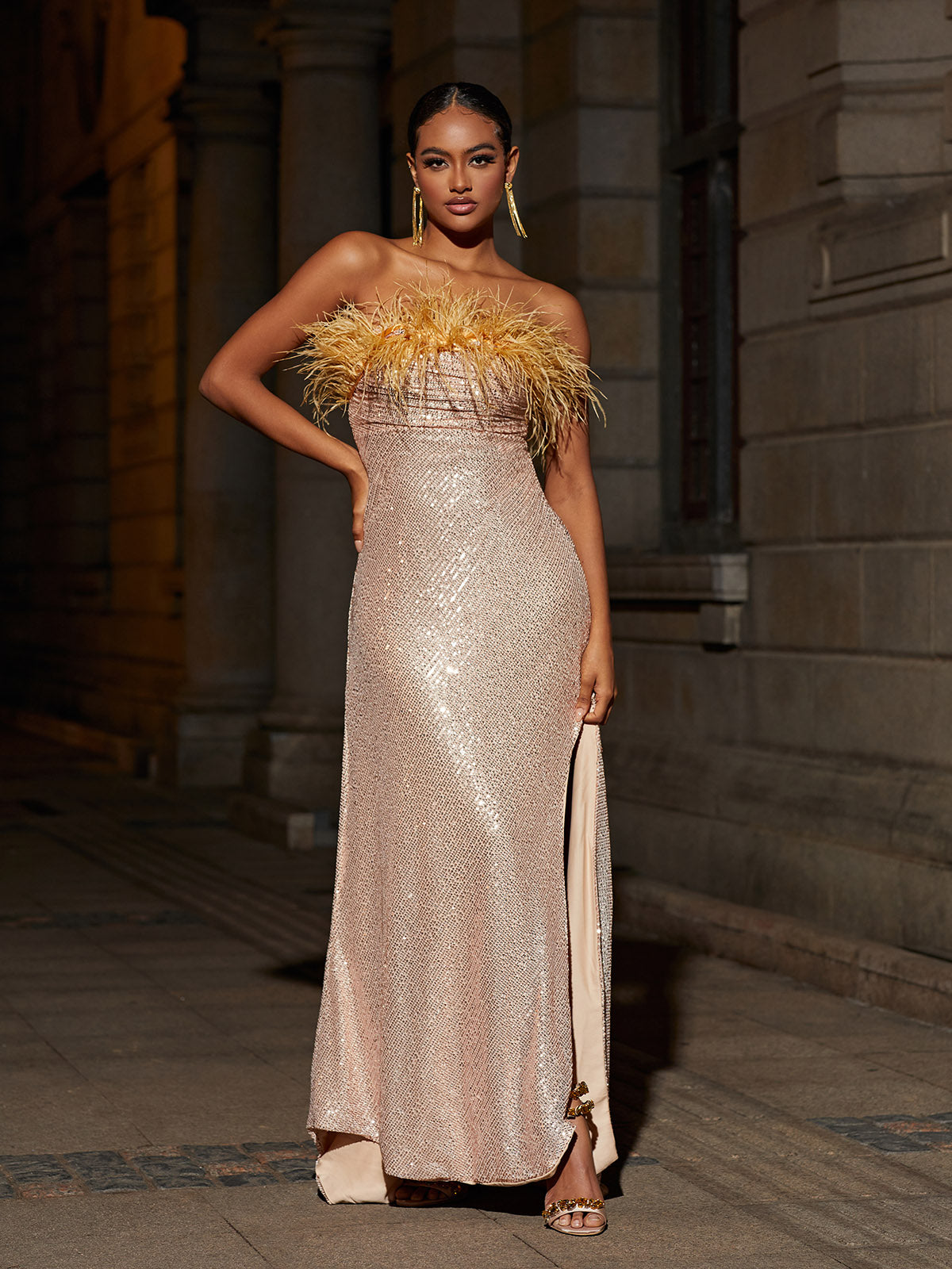 Strapless Feather Trim Sequin High Slit Column Maxi Dress