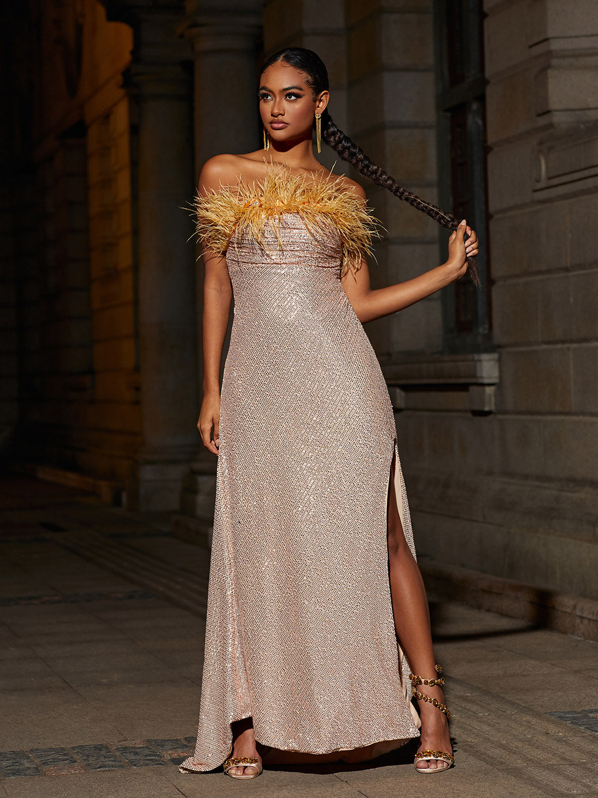 Strapless Feather Trim Sequin High Slit Column Maxi Dress