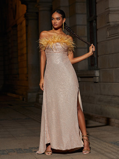 Strapless Feather Trim Sequin High Slit Column Maxi Dress