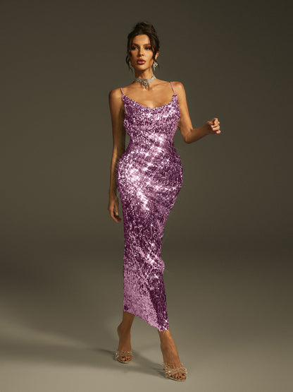 Spaghetti Strap Cowl Neck Sequin Bodycon Midi Dress