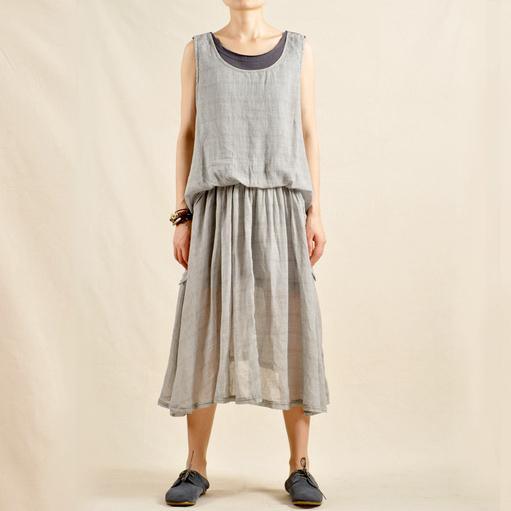Scoop Neck Sleeveless Grid Check Layered Linen Midi Tank Dress Set