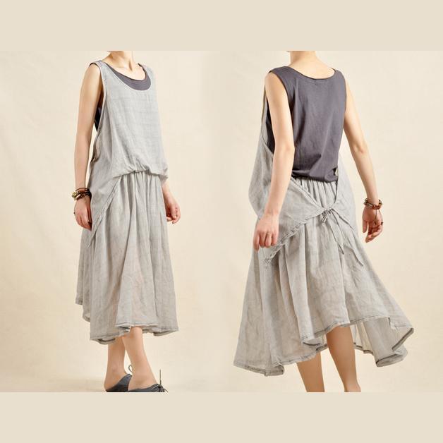 Scoop Neck Sleeveless Grid Check Layered Linen Midi Tank Dress Set