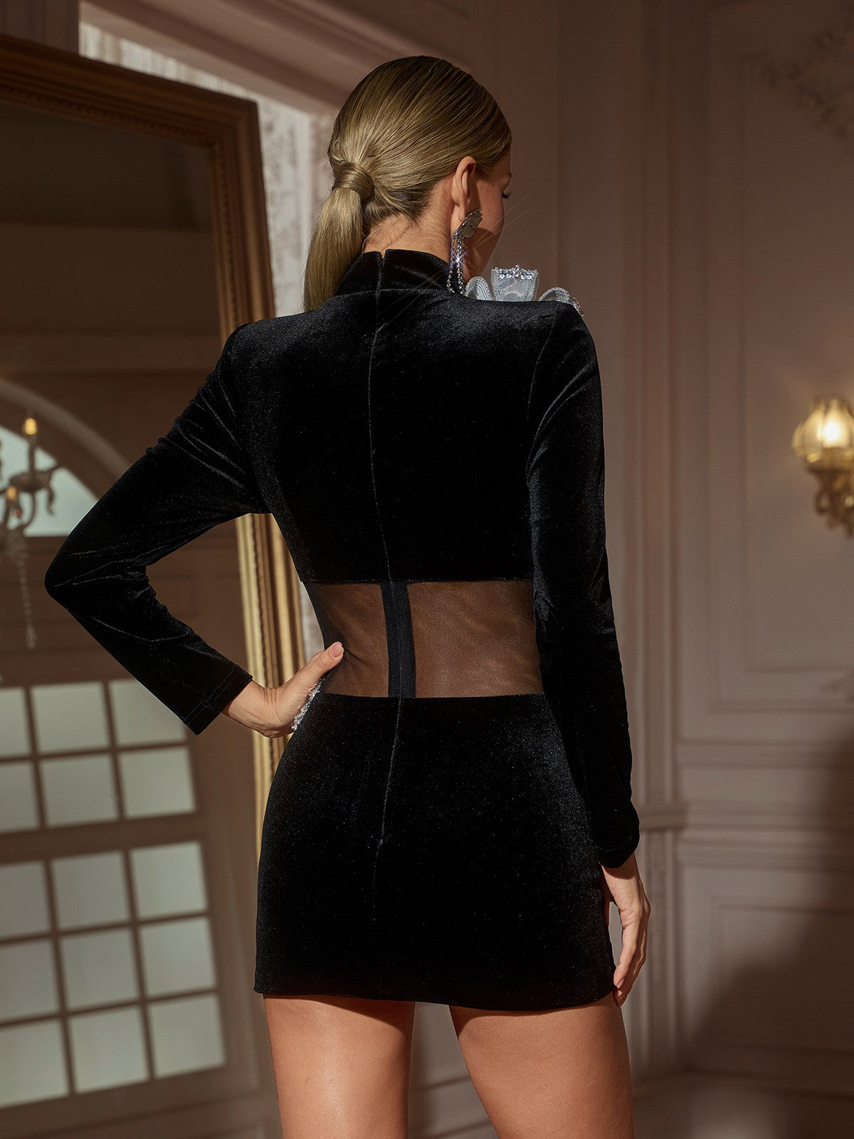 Mock Neck Velvet Mesh Waist Cutout 3D Sequin Floral Applique Mini Dress