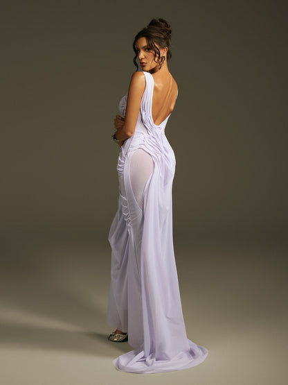 Scoop Neck Mesh Panel Architectural Pleat Draped Maxi Gown