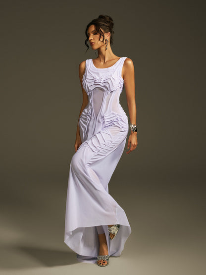 Scoop Neck Mesh Panel Architectural Pleat Draped Maxi Gown