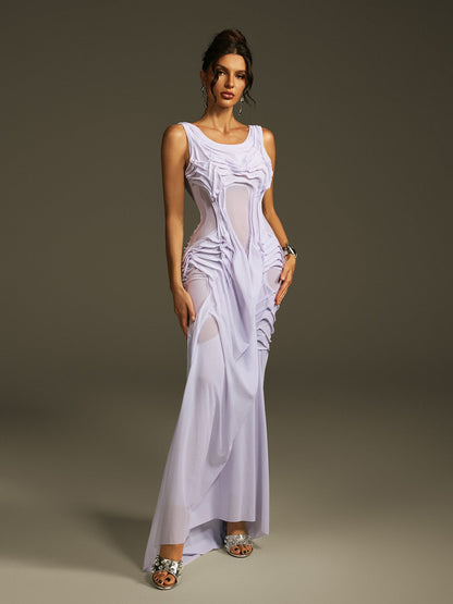 Scoop Neck Mesh Panel Architectural Pleat Draped Maxi Gown
