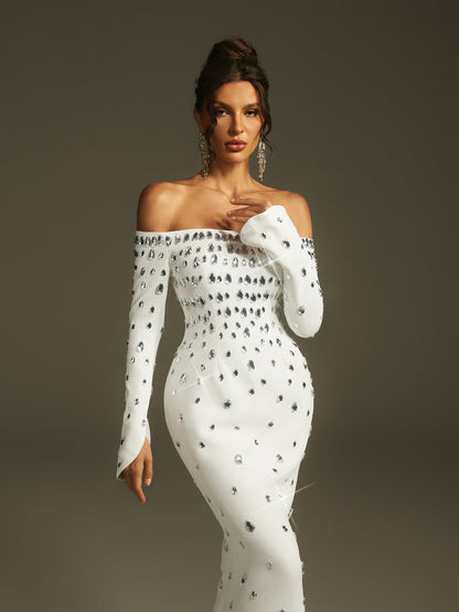 Off Shoulder Long Sleeve Crystal Embellished Mermaid Maxi Gown