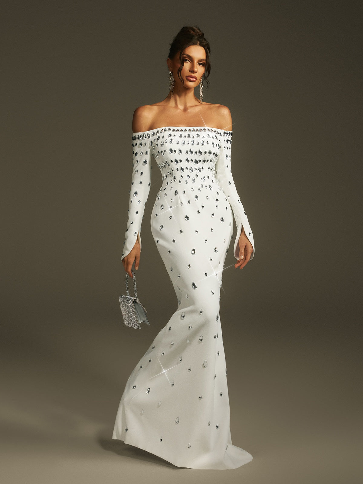 Off Shoulder Long Sleeve Crystal Embellished Mermaid Maxi Gown