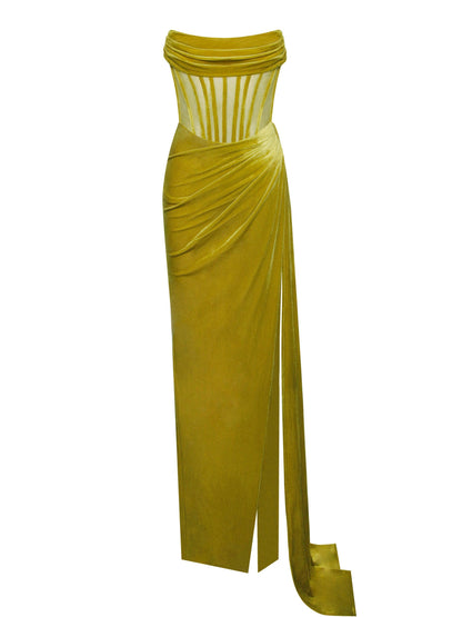 Strapless Corset Bodice Velvet High Slit Flowing Train Maxi Gown