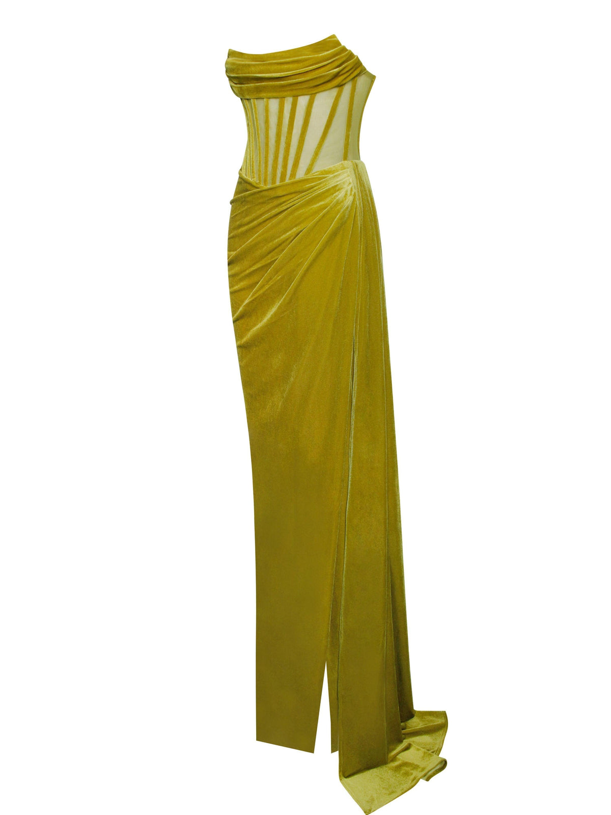 Strapless Corset Bodice Velvet High Slit Flowing Train Maxi Gown