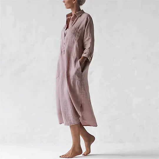 Oversized Henley Button Linen Pocket Side Slit Midi Dress