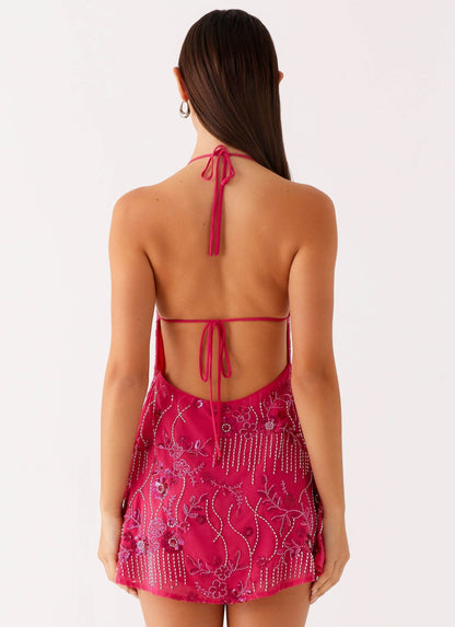 Halter Neck Floral Sequin Beaded Embroidered Mesh Mini Dress