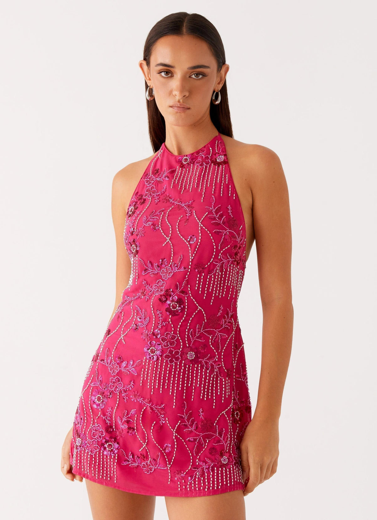 Halter Neck Floral Sequin Beaded Embroidered Mesh Mini Dress