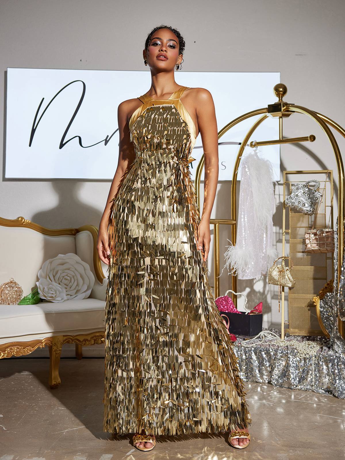 Halter Neck Vertical Sequin Fringe Column Maxi Gown