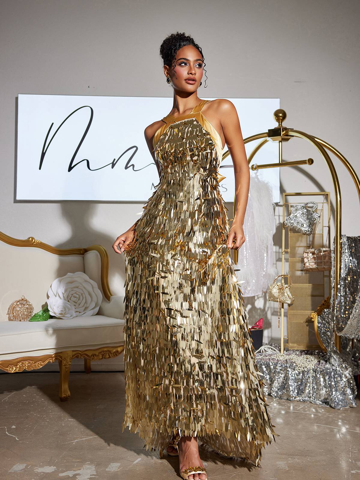 Halter Neck Vertical Sequin Fringe Column Maxi Gown