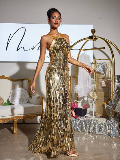 Halter Neck Vertical Sequin Fringe Column Maxi Gown