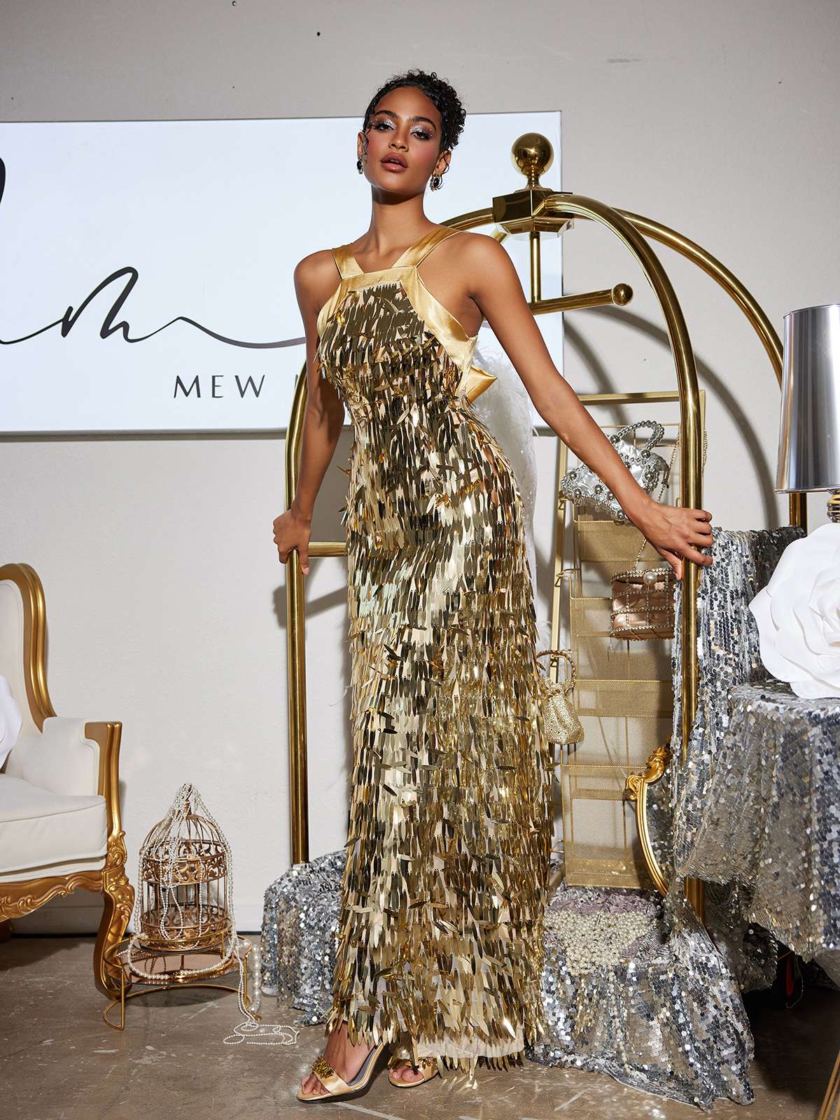 Halter Neck Vertical Sequin Fringe Column Maxi Gown