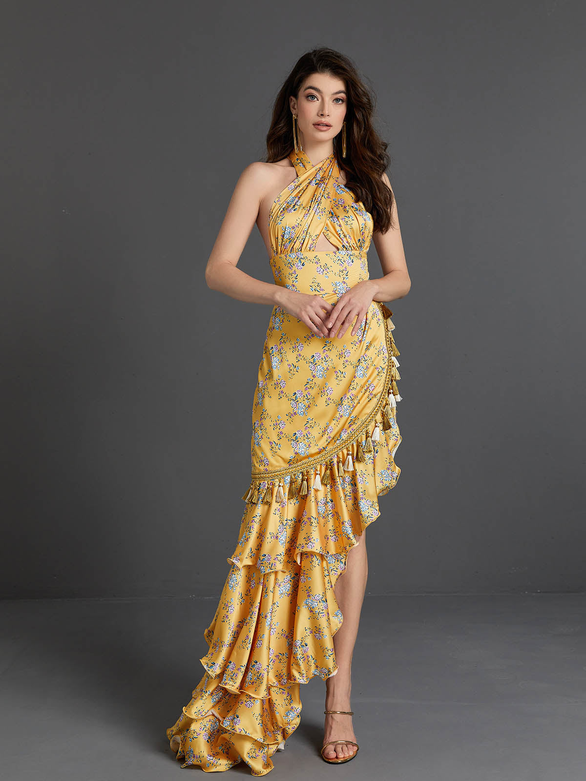 Halter Wrap Keyhole Floral Print Tassel Tiered Ruffle Maxi Gown