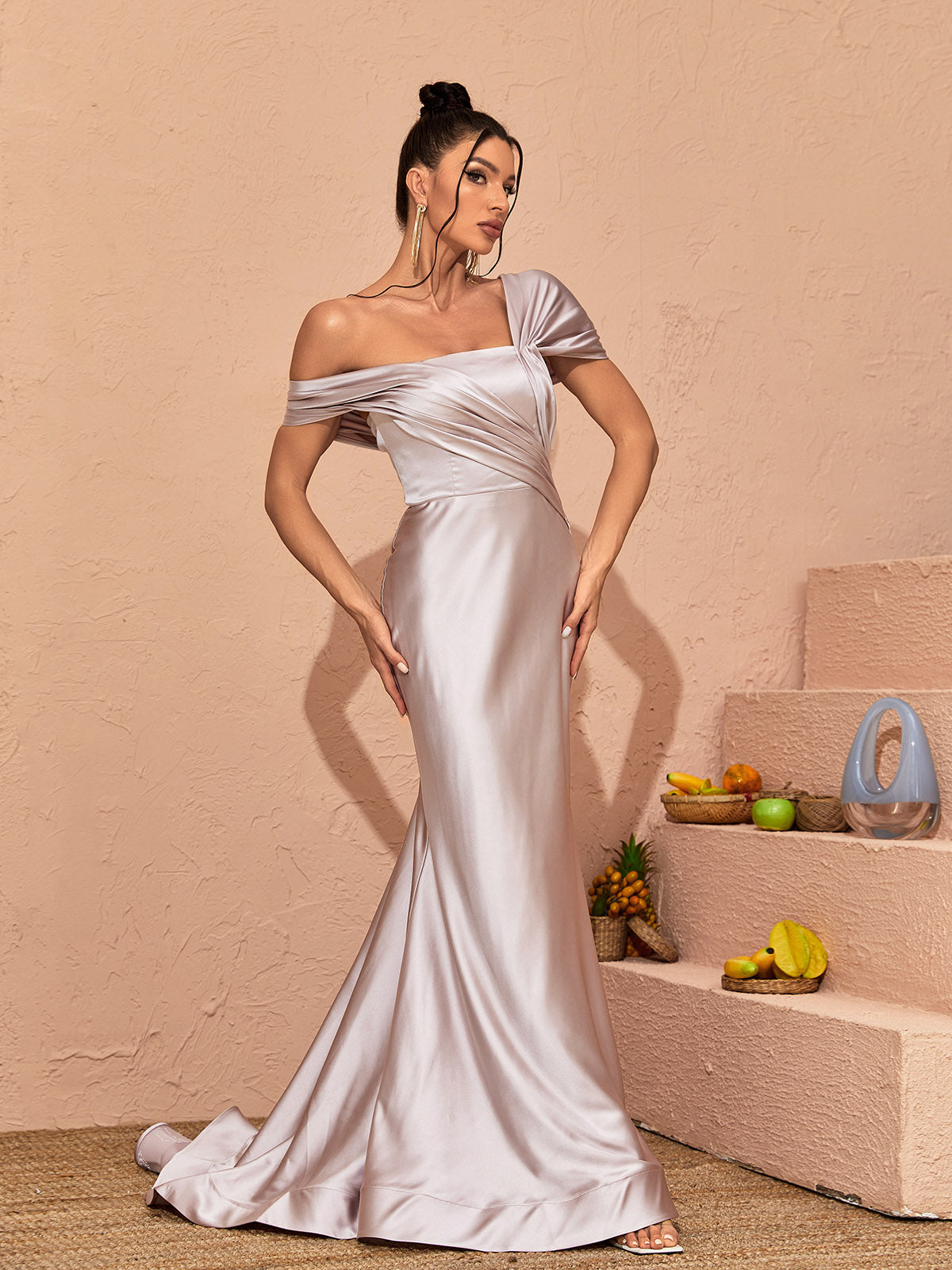 Off Shoulder Ruched Satin Mermaid Maxi Dress