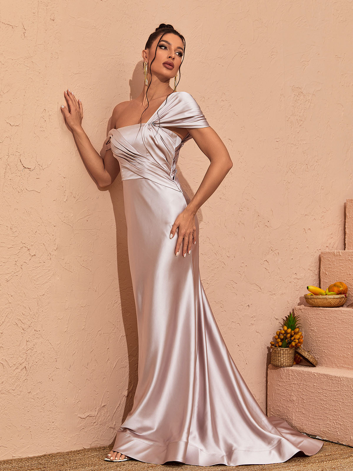 Off Shoulder Ruched Satin Mermaid Maxi Dress
