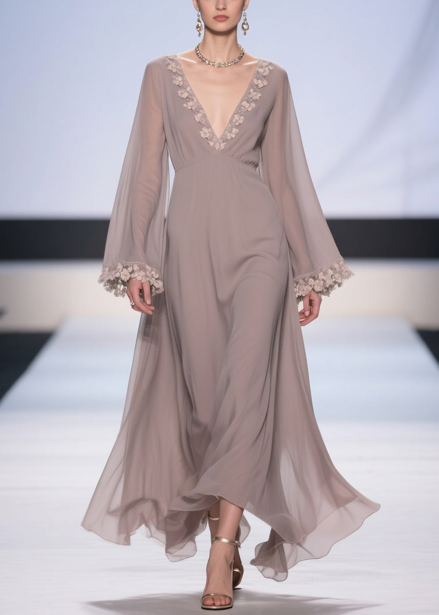 Deep V-Neck 3D Floral Applique Bell Sleeve Empire Waist Maxi Gown