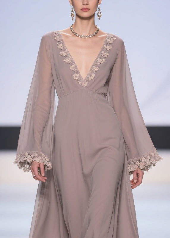 Deep V-Neck 3D Floral Applique Bell Sleeve Empire Waist Maxi Gown
