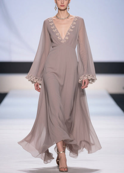 Deep V-Neck 3D Floral Applique Bell Sleeve Empire Waist Maxi Gown