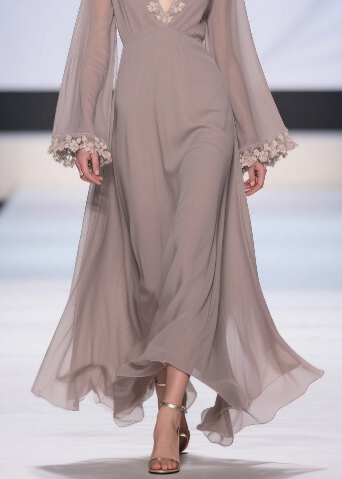 Deep V-Neck 3D Floral Applique Bell Sleeve Empire Waist Maxi Gown