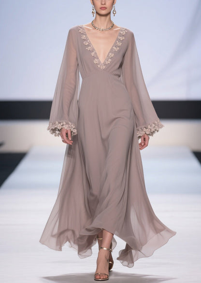 Deep V-Neck 3D Floral Applique Bell Sleeve Empire Waist Maxi Gown