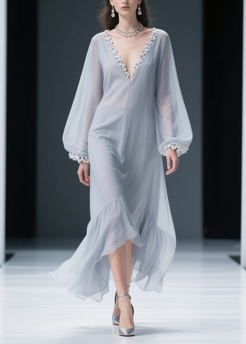 Deep V-Neck Lace Applique Trim Bishop Sleeve Ruffled High-Low Chiffon Maxi Gown