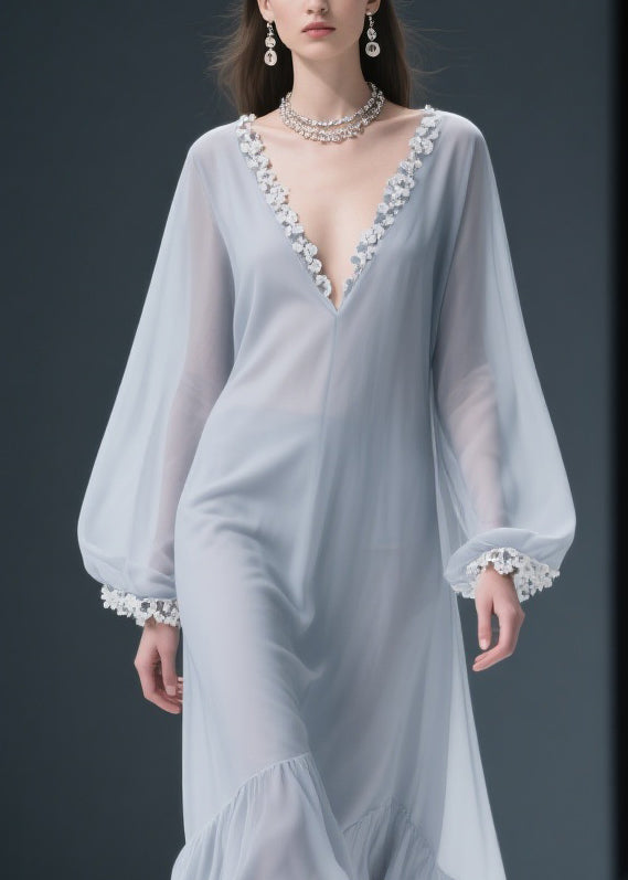 Deep V-Neck Lace Applique Trim Bishop Sleeve Ruffled High-Low Chiffon Maxi Gown