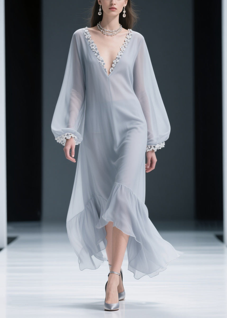 Deep V-Neck Lace Applique Trim Bishop Sleeve Ruffled High-Low Chiffon Maxi Gown