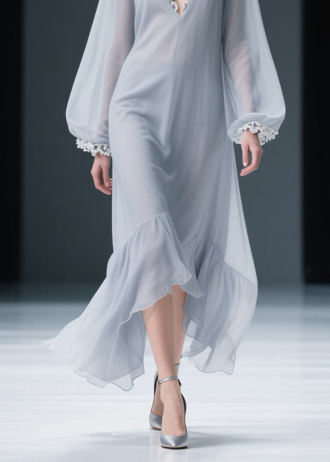 Deep V-Neck Lace Applique Trim Bishop Sleeve Ruffled High-Low Chiffon Maxi Gown