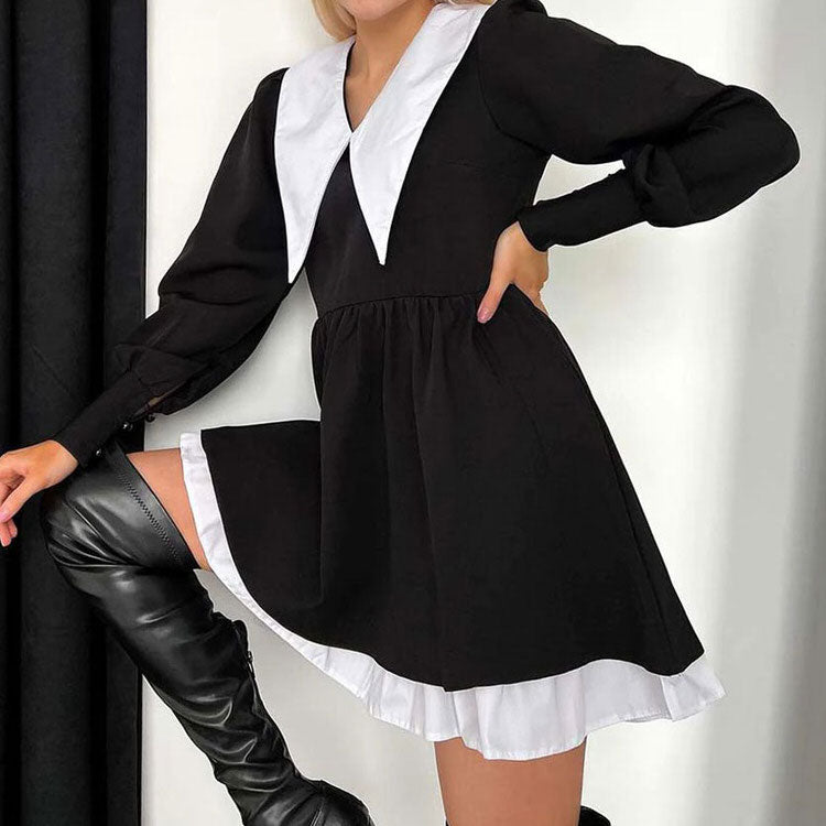Contrast Collar Puff Sleeve Ruffle Hem Long Sleeve Mini Dress