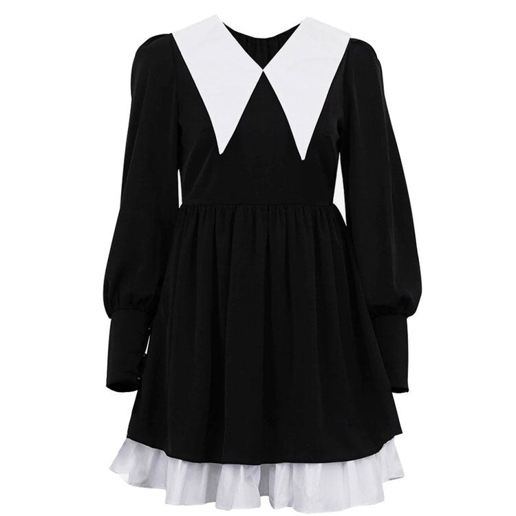 Contrast Collar Puff Sleeve Ruffle Hem Long Sleeve Mini Dress