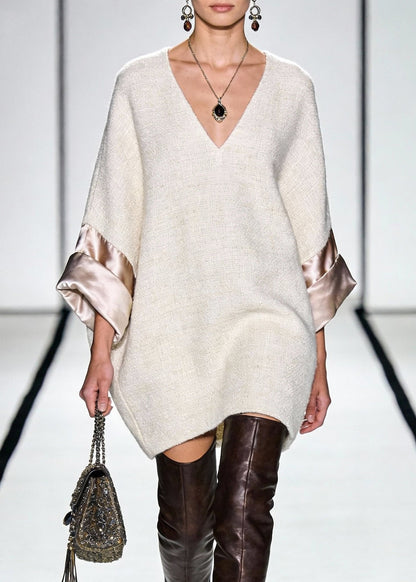 V-Neck Boucle Knit Oversized Mini Dress with Satin Folded Cuffs