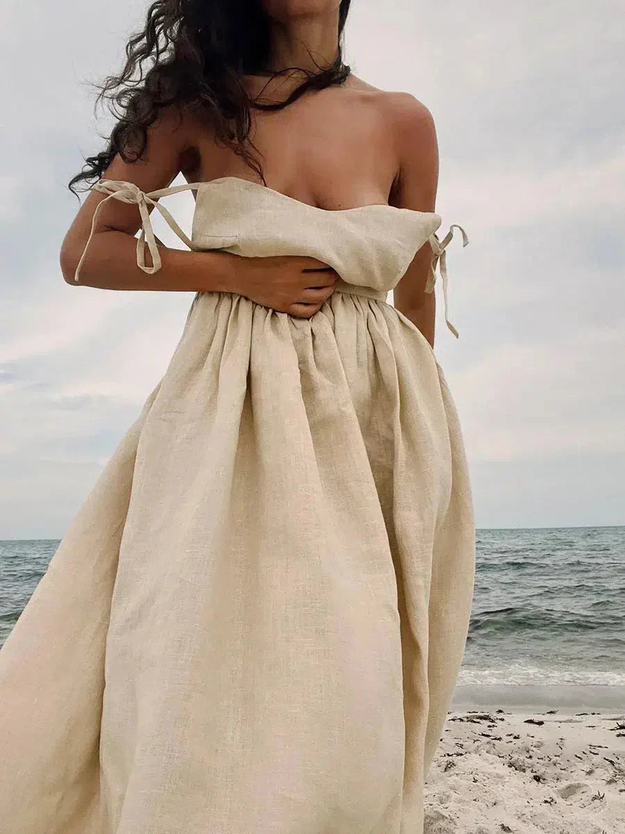 Open Back V-Neck Gathered Waist Linen Flowing Maxi Dress