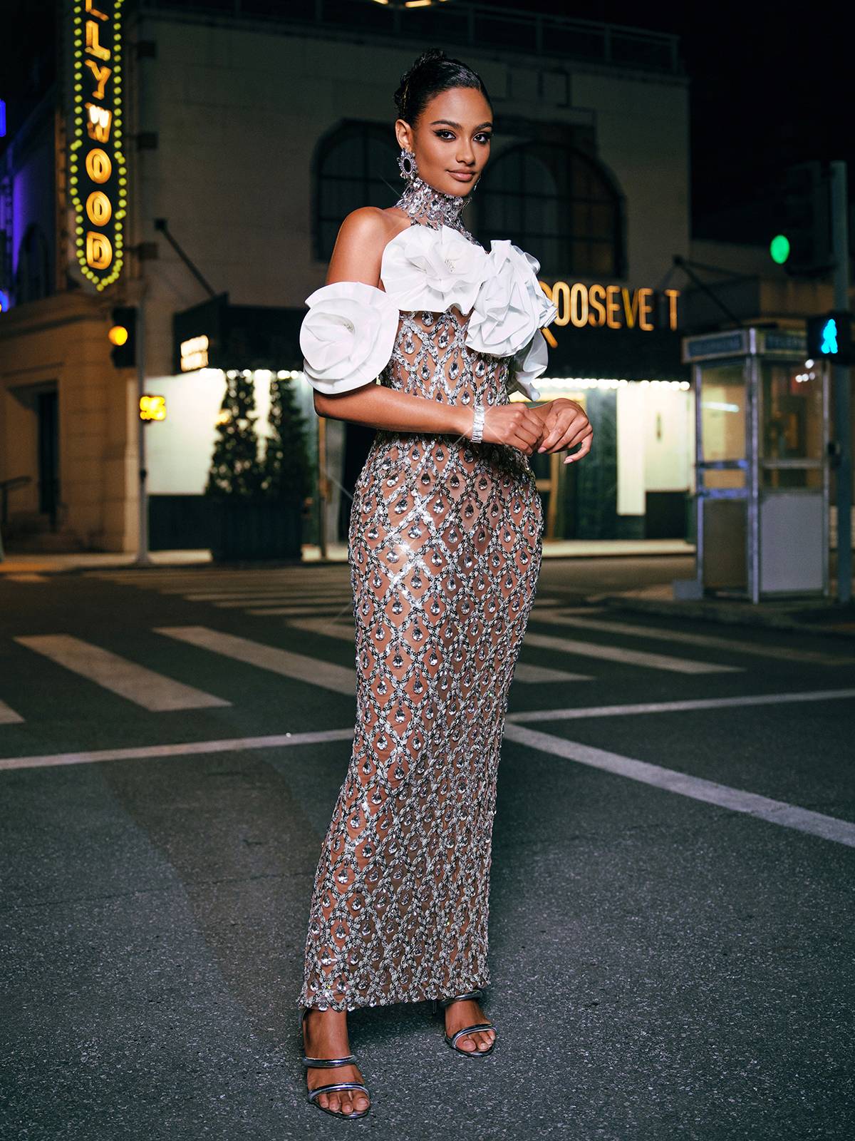 Flower Sequin Crystal Column Maxi Gown
