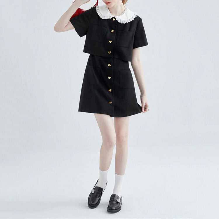 Contrast Lace Collar Heart Button Patch Pocket Mini Dress