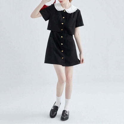 Contrast Lace Collar Heart Button Patch Pocket Mini Dress