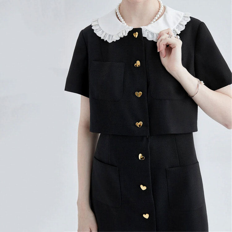 Contrast Lace Collar Heart Button Patch Pocket Mini Dress