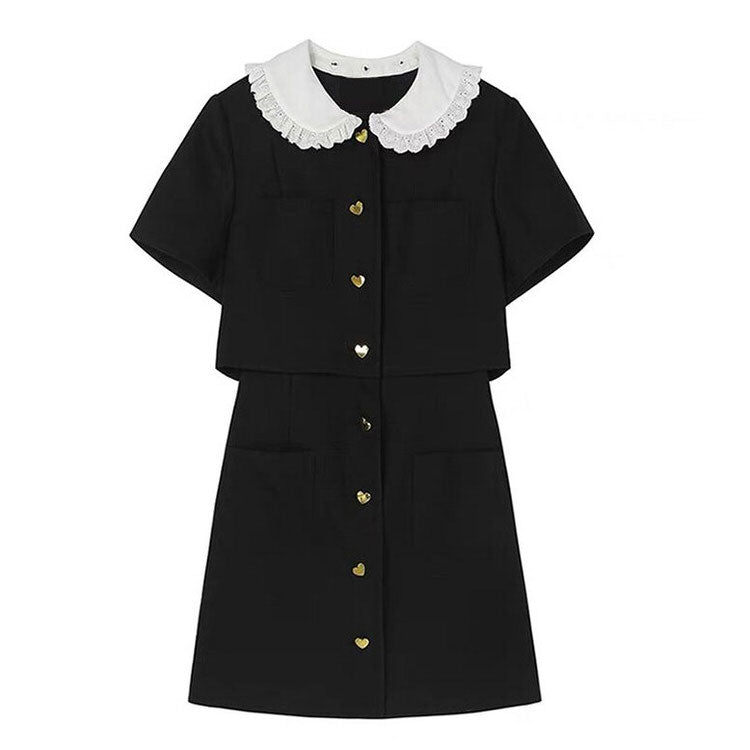 Contrast Lace Collar Heart Button Patch Pocket Mini Dress