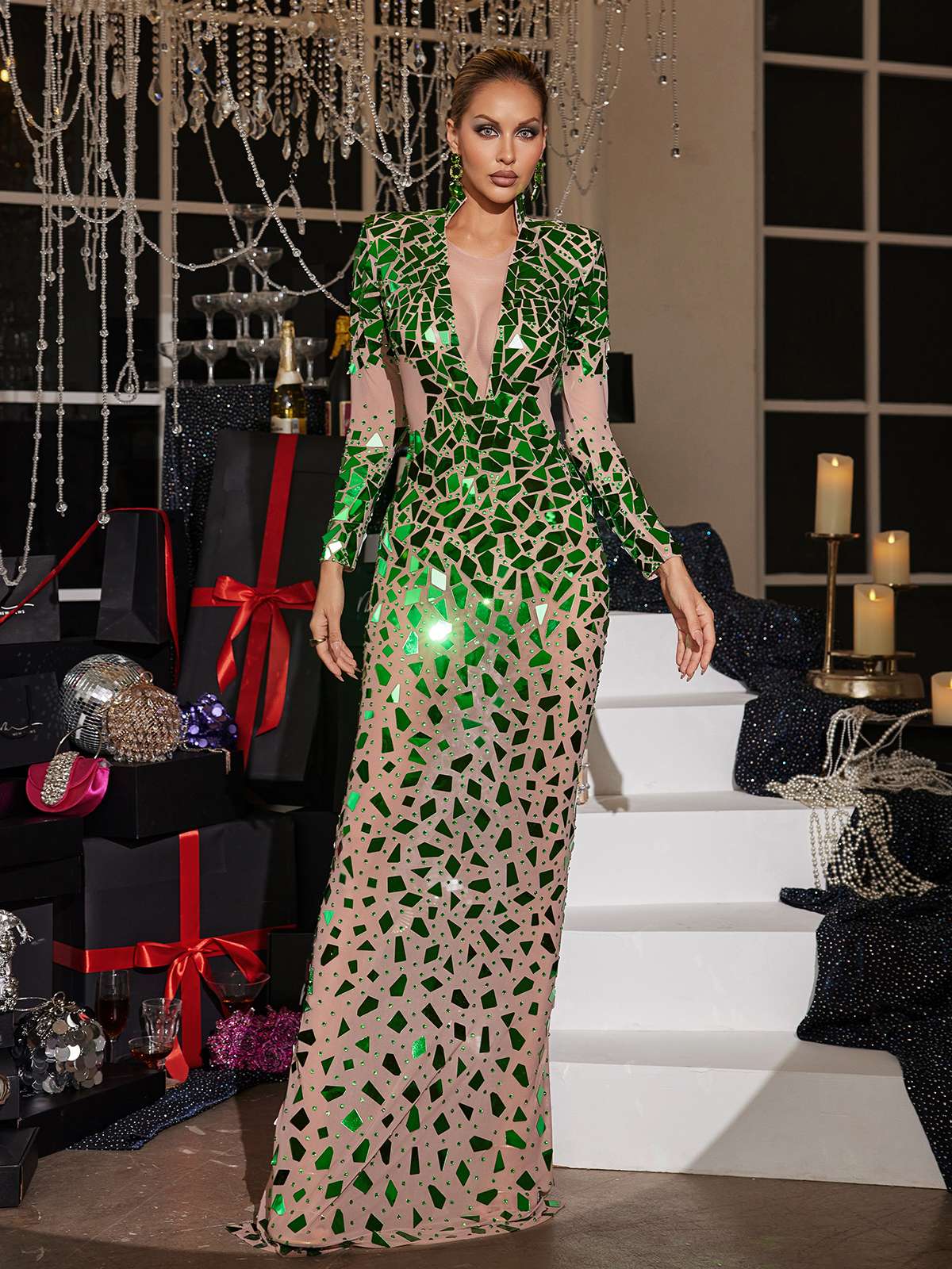 Long Sleeve Mock Neck Illusion Mesh Geometric Shard Embellished Maxi Gown