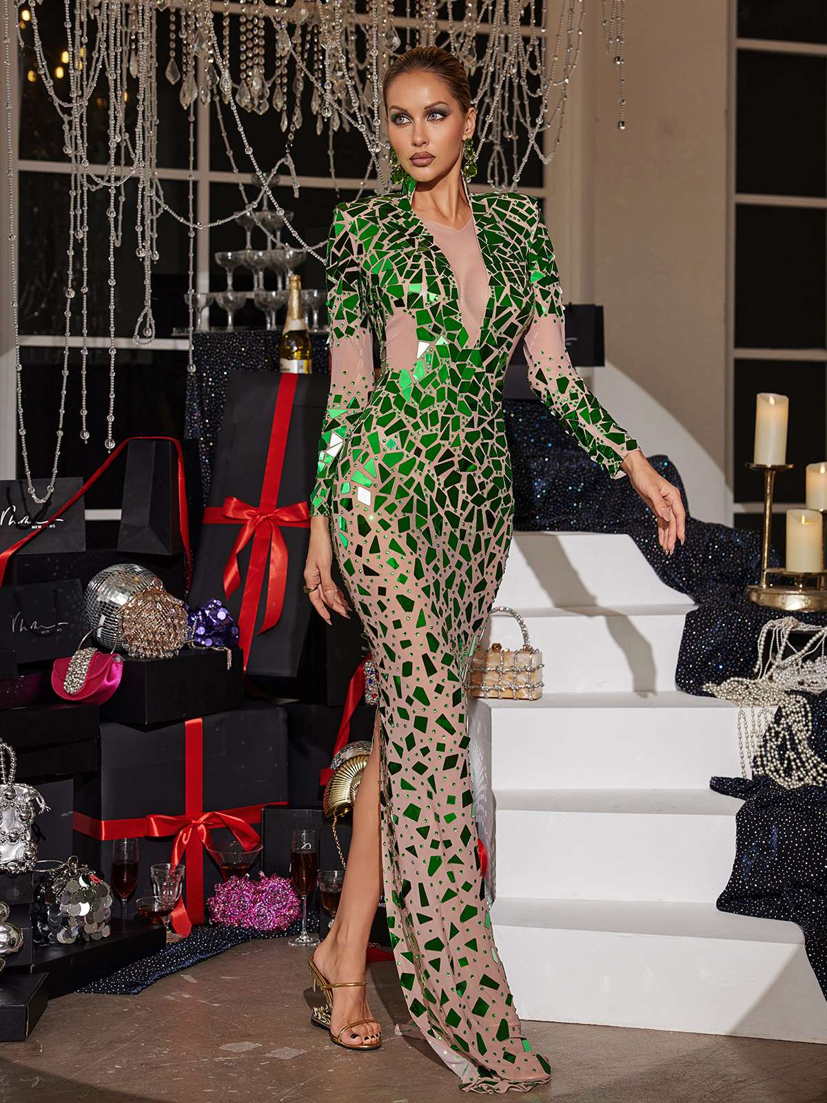 Long Sleeve Mock Neck Illusion Mesh Geometric Shard Embellished Maxi Gown