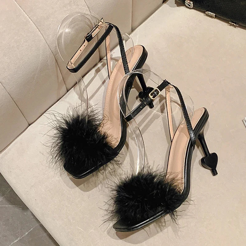 Trendy Big Size Ankle Strap Strange High Heel Fluffy Feather High Heel