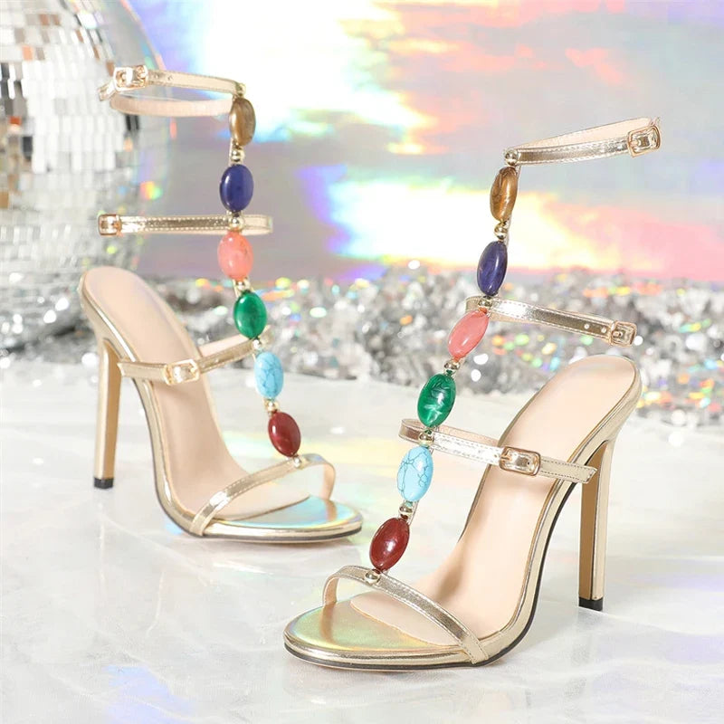 Stylish Bohemian Fashion Colour Gem Strap Designer High Heel