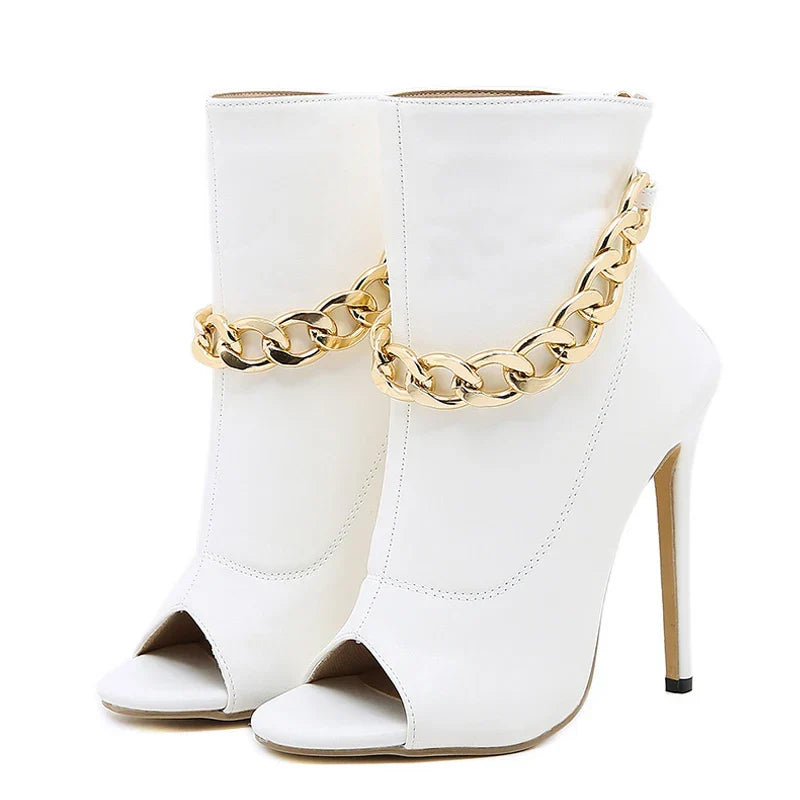 High Quality White Leather Basic Boots Metal Chain Peep Toe High Heel