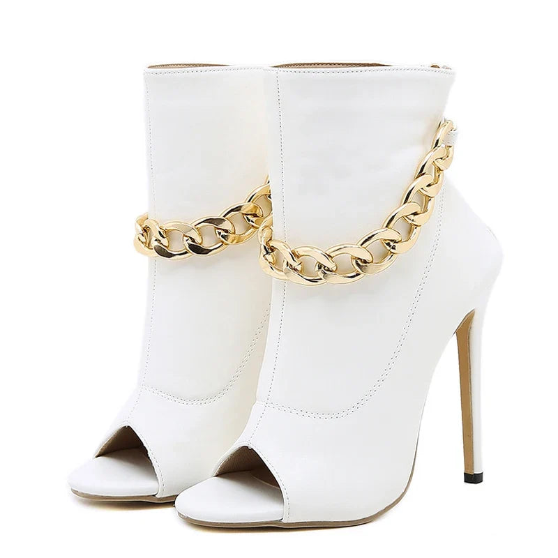 High Quality White Leather Basic Boots Metal Chain Peep Toe High Heel