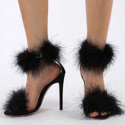 Cozy Summer Faux Fur Ankle Strap Open Toe Feather High Heel